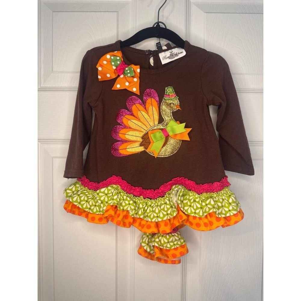 Rare Editions Girls 12M Thanksgiving Turkey Tunic Leggings Set Brown Orange 2pc
